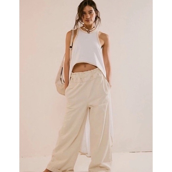 Free People Beach Size M Wide Leg Cream Paloma Slouchy Raw Hem Relax Pants - Picture 1 of 13
